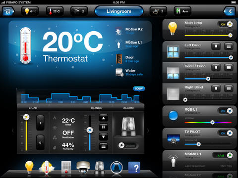 vue de l'application fibaro sur tablette avec indocation de la température de la box domotique home center 2